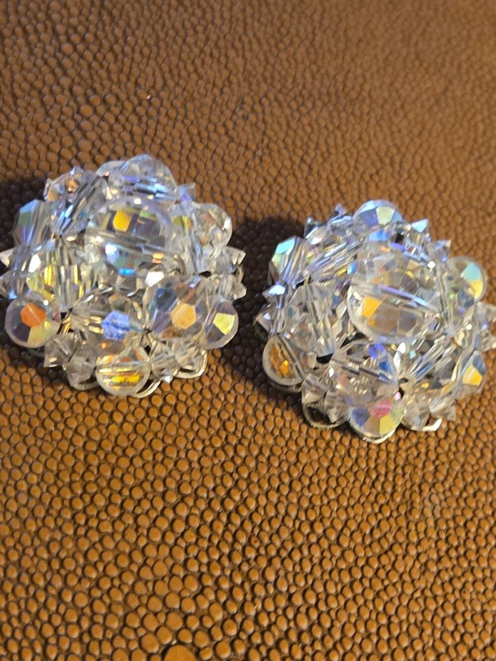 Vintage 1950s Aurora Borealis Crystal Cluster Clip-On Earrings